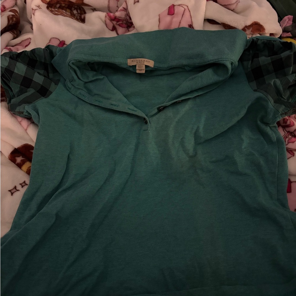Burberry Brit Green Plaid Sleeve Polo Shirt